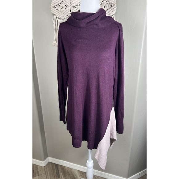 LOGO by Lori Goldstein Plum Cowl Neck Sweater Sz Small Cashmere Colorblock Tunic - Picture 1 of 16